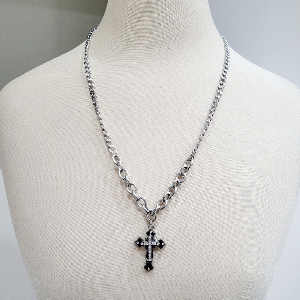 Brand New Stainless Steel Silver & Titanium Black Rhinestone Cross Necklace